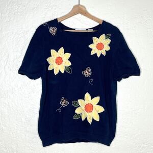 Alfred Dunner Women's Medium Embroidered Sweater Blue Yellow Floral Ramie Cotton